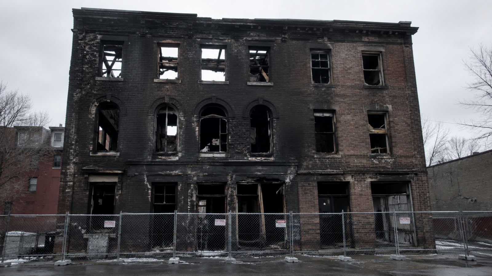 Facciata annerita di un vecchio edificio di mattoni dopo un incendio