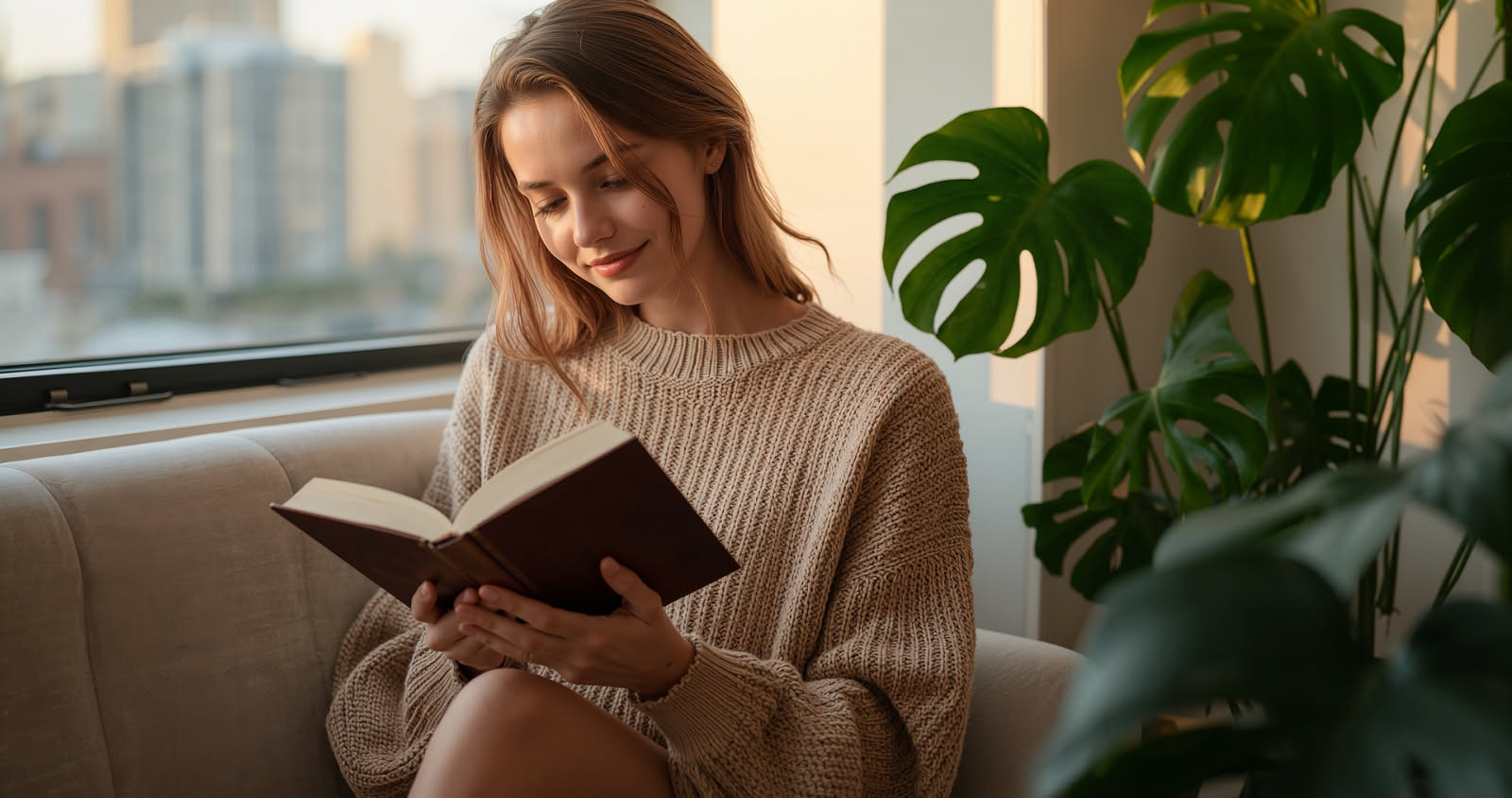 Libro aperto su un tavolo di legno accanto a una finestra in penombra